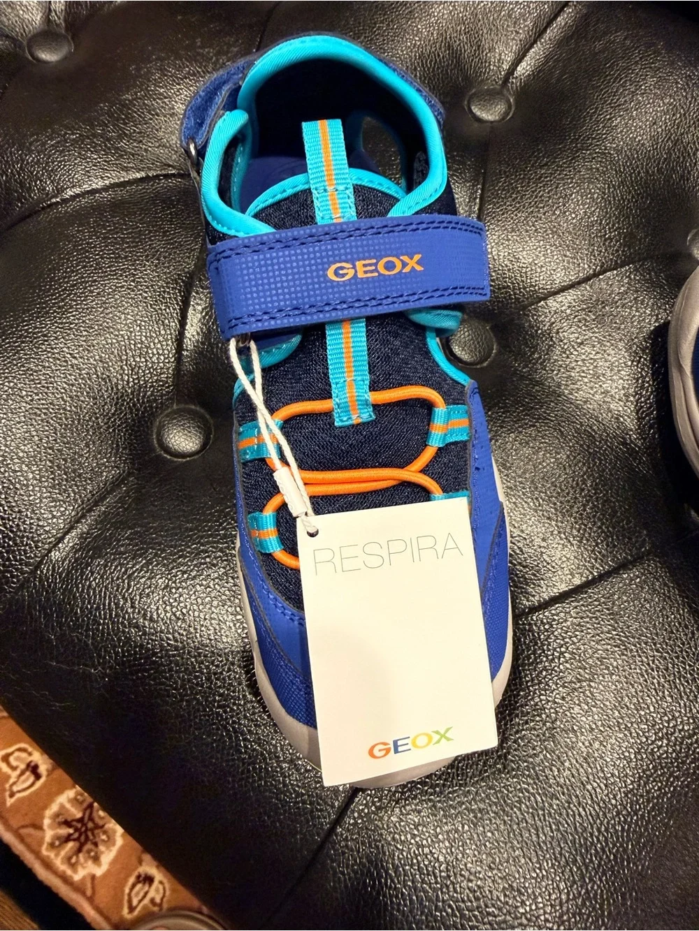 Geox Blue and Aqua Kids Hook-and-Loop Sandals with Orange Accents